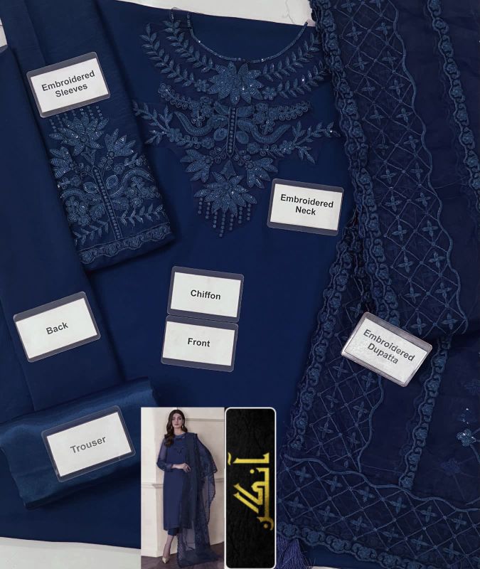 Chiffon Embroidered Sequence Unstitched 3Pc✓😊