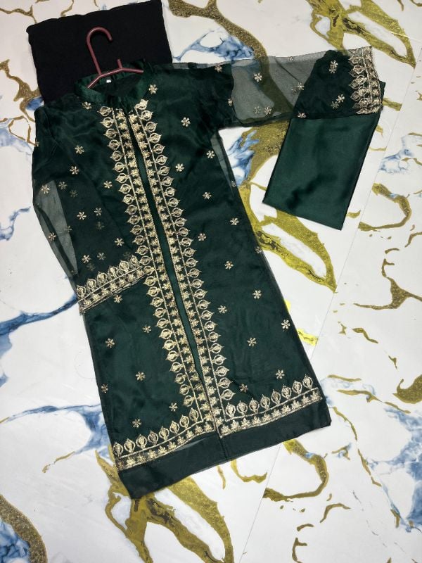 Front Sleeves, Allover Embroidery Gown With Inner Trouser Kids 3Pcs