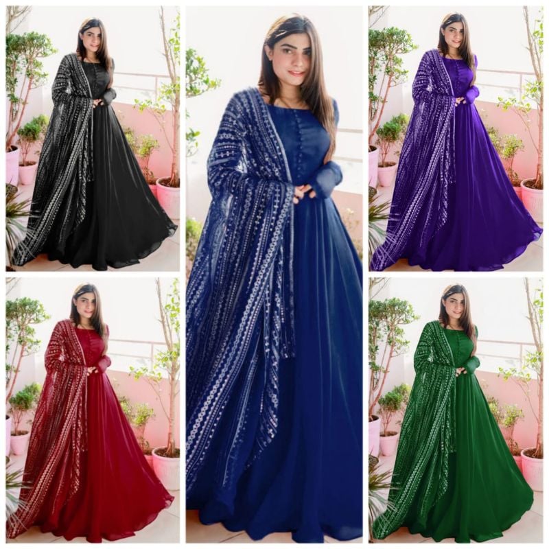 ✨Heavy Embroidered Dupatta with Long Maxi & Trouser – 3PCs✨