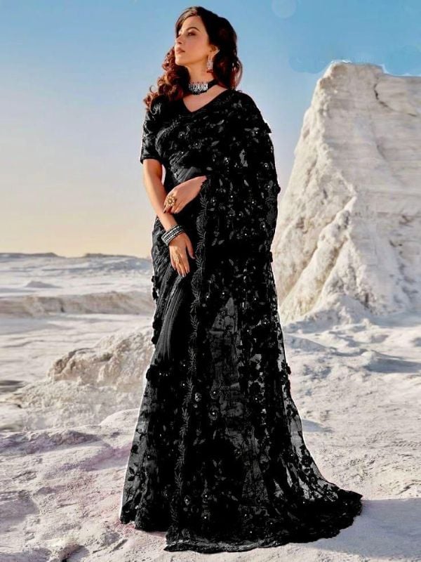 Indian Saree Net Embroidered Luxury Unstitched 3Pc✓