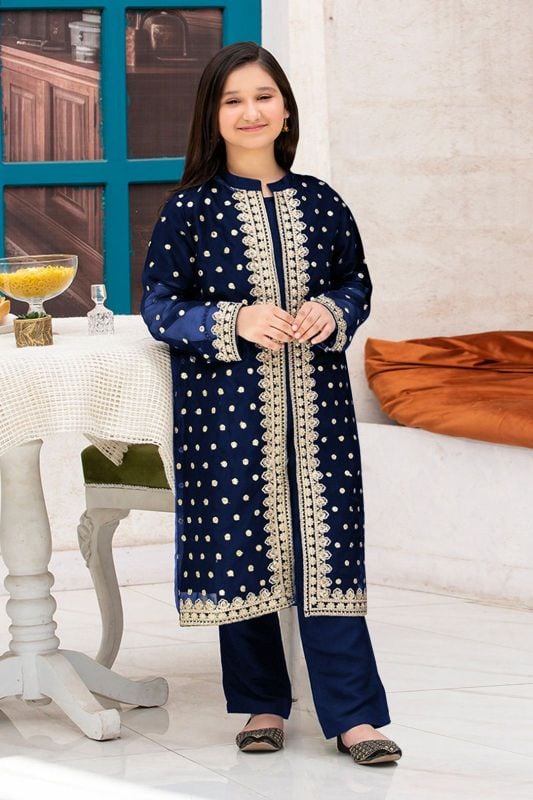 Front Sleeves, Allover Embroidery Gown With Inner Trouser Kids 3Pcs