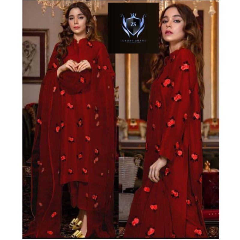 Rose Embroidery Shirt With Embroidery Dupatta 3 Pcs