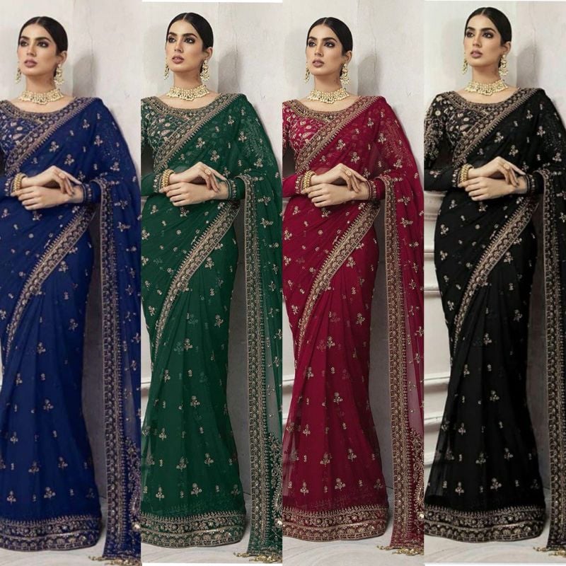 Saree Net Embroidered Hand Embellished Luxury Unstitched 3Pc®✓