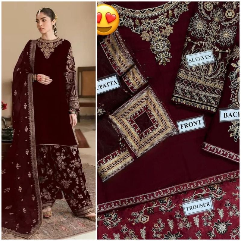 Velvet Embroidered Hand Emblished Luxury Unstitched 3Pc✓ Maroon