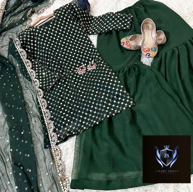 Front and Sleeves 9MM Sequence Embroidered, with Cut Work 9MM Dupatta with Garara 3Piece