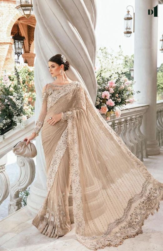 Net Saree Embroidered Sequence Hand Embellished Luxury Unstitched (Skin)