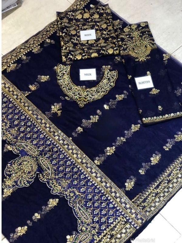 Saree Net Embroidered Hand Embellished Luxury Unstitched 3Pc®✓