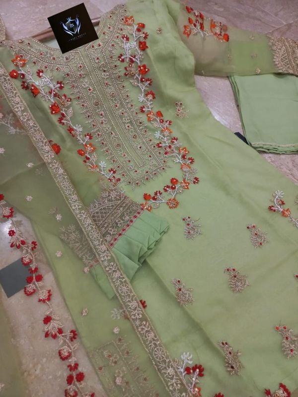 ✨Handwork, Nug Stone & Pearls Heavy Work Shirt With Emb Dupatta – 3 Piece ✨