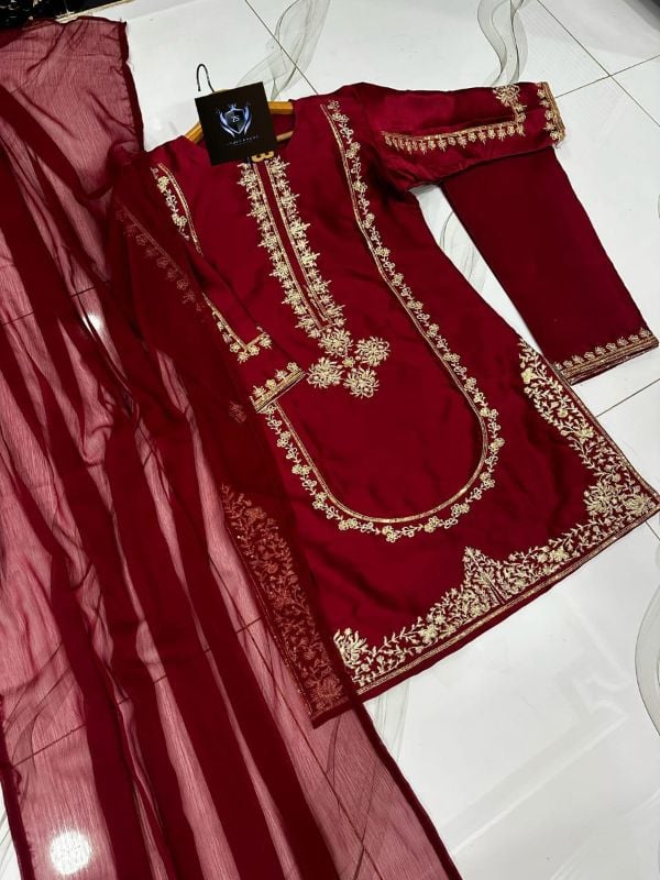 Round Sequence Embroidered on Shirt,Sleeves,Border With Seq Embroidered Trouser 3Pcs