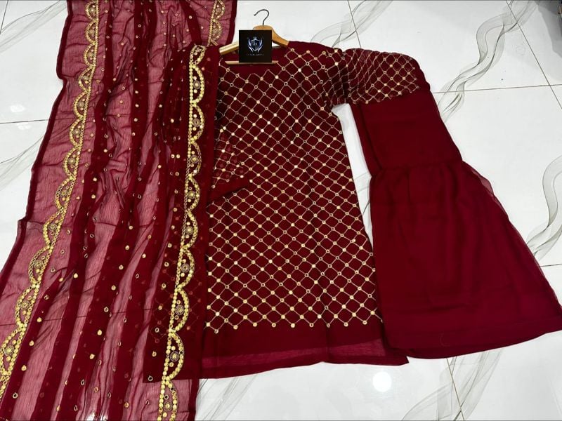 Front and Sleeves 9MM Sequence Embroidered, with Cut Work 9MM Dupatta with Garara 3Piece