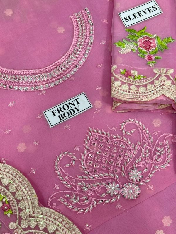Organza Embroiderd Hand Embellished Luxury Unstitched Saree 3Pc✓