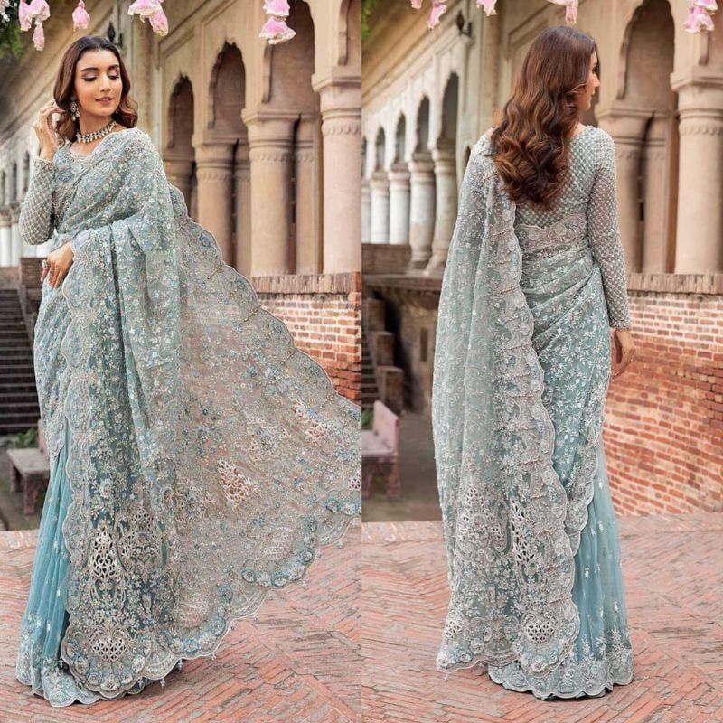 Net Saree Embroidered Hand Embellished Luxury Unstitched 3Pc✓