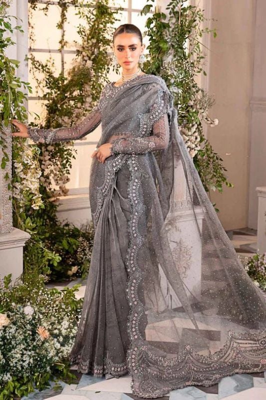 Net Saree Embroidered Sequence Hand Embellished Luxury Unstitched