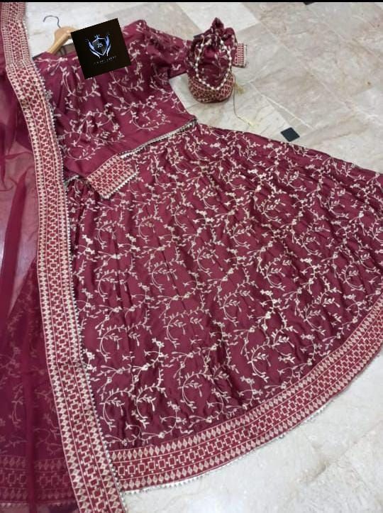 4 Piece Embroidered Top With Long Flare Embroidery Skirt And Four Side Border Embroidered Dupatta With Eidi Potli