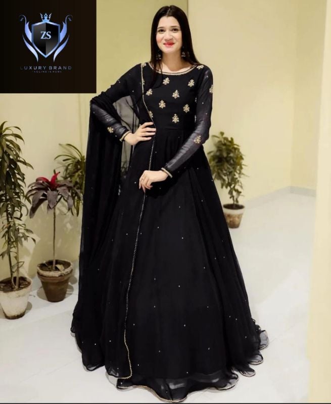 Neck & Sleeves Embroidered with Lace and front & Back Pearls Attached  Maxi with Pearls Dupatta 3Pcs