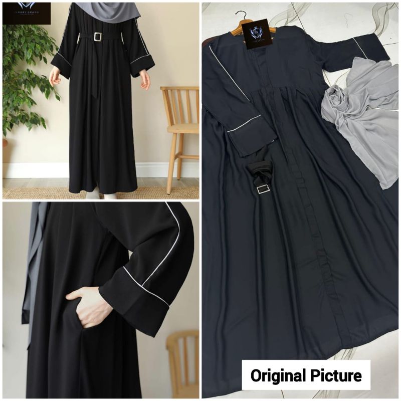Front Platted Zip Abaya with Belt & Stoller (Black)