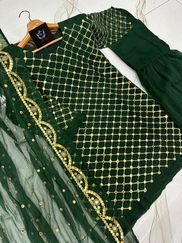 Front and Sleeves 9MM Sequence Embroidered, with Cut Work 9MM Dupatta with Garara 3Piece