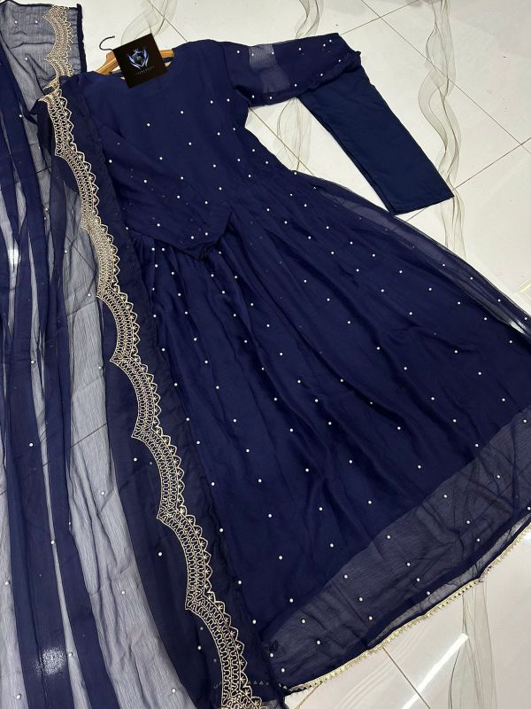 ✨Front & Back Pearls + Lace Work Long Flare Maxi 3PCs✨