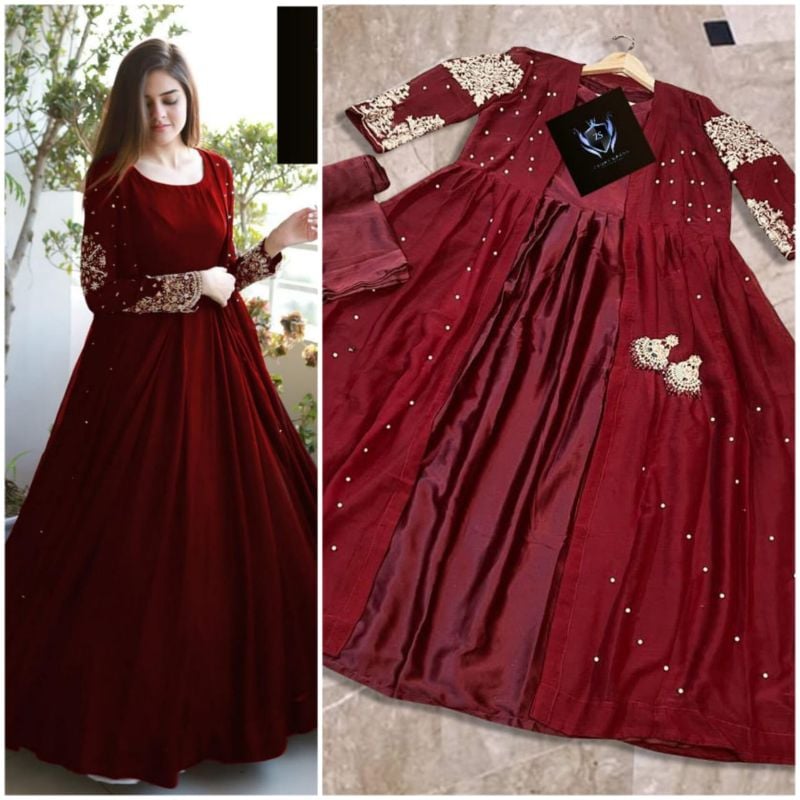 ✨ Heavy Embroidered 3Pc Set ✨  
💃 Pearls Attached Gown + Maxi + Trouser
Blue