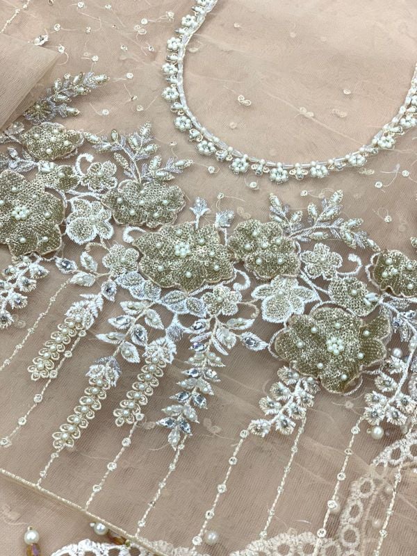 Net Saree Embroidered Sequence Hand Embellished Luxury Unstitched (Skin)