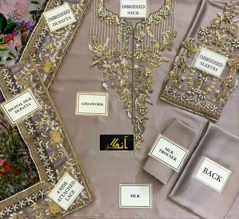 Shamooz Silk Embroidered & Adda Work Luxury Unstiched 3Pc✓