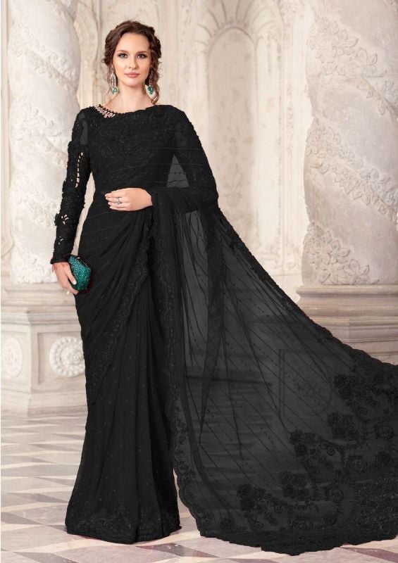 Net Saree Embroidered Hand Embellished Luxury Unstitched 3Pc®✓✨