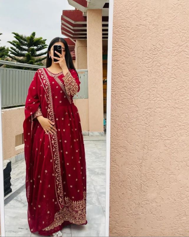 Angrakha Style Embroidered Maxi with Dupatta – 3PCs