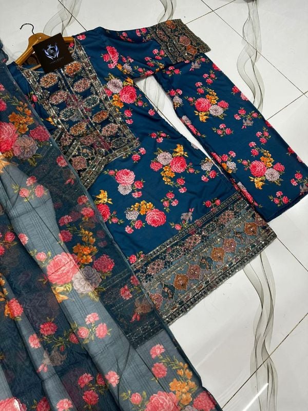 💫 Sequence Patched Embroidered Neck, Sleeves, and Daman  
🎨 Printed Trouser and Dupatta – 3PCs Set