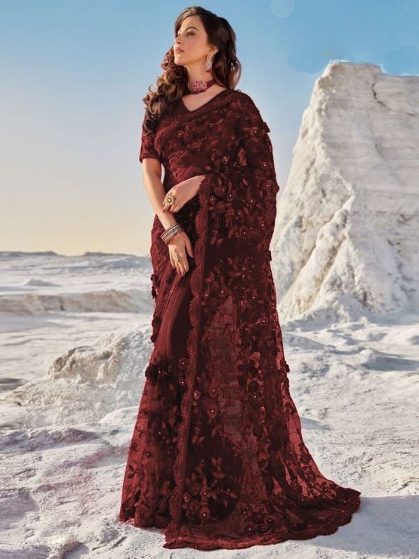Indian Saree Net Embroidered Luxury Unstitched 3Pc✓