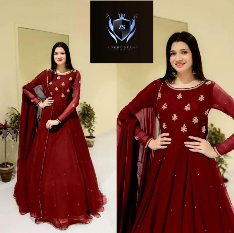 Neck & Sleeves Embroidered with Lace and front & Back Pearls Attached  Maxi with Pearls Dupatta 3Pcs