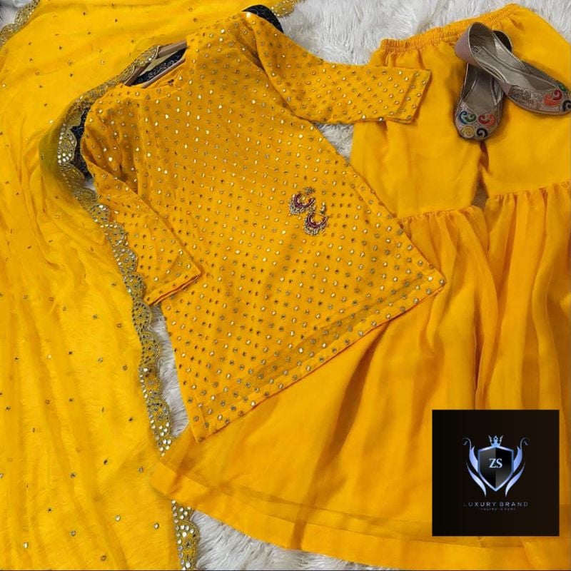 Front and Sleeves 9MM Sequence Embroidered, with Cut Work 9MM Dupatta with Garara 3Piece