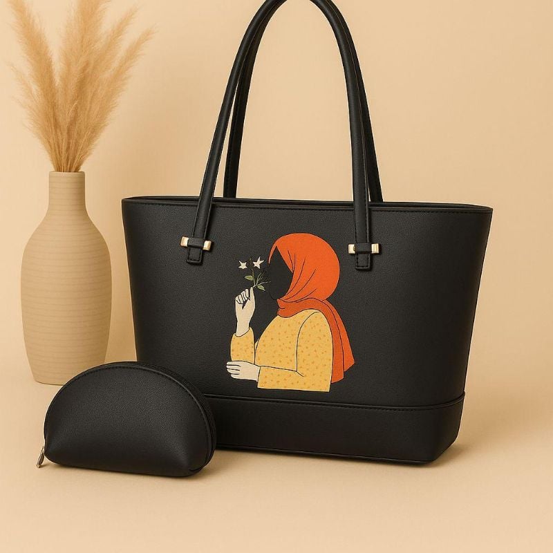 👜High-Quality Synthetic Leather Tote Bag  
With Hijab Girl Design & Mini Zipper Pouch 🎀