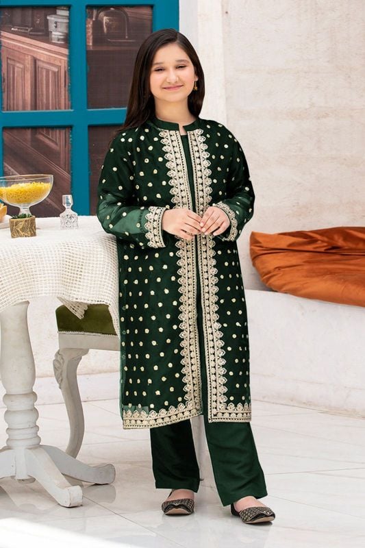 Front Sleeves, Allover Embroidery Gown With Inner Trouser Kids 3Pcs