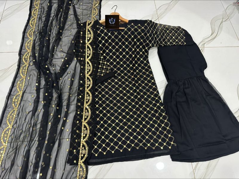 Front and Sleeves 9MM Sequence Embroidered, with Cut Work 9MM Dupatta with Garara 3Piece
