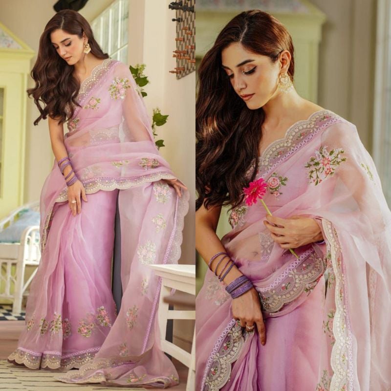 Organza Embroiderd Hand Embellished Luxury Unstitched Saree 3Pc✓