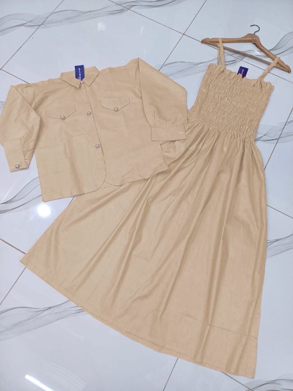 👗 Kaaj Button Coati with Gazzer Romper Frock – 2 Pcs Set