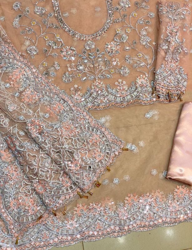 Net Saree Embroidered Hand Embellished Luxury Unstitched 3Pc®✓