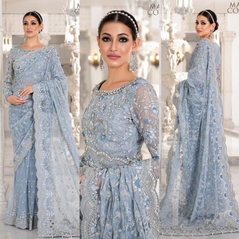 Net Saree Embroidered Hand Embellished Luxury Unstitched 3Pc®✓
Maria.B