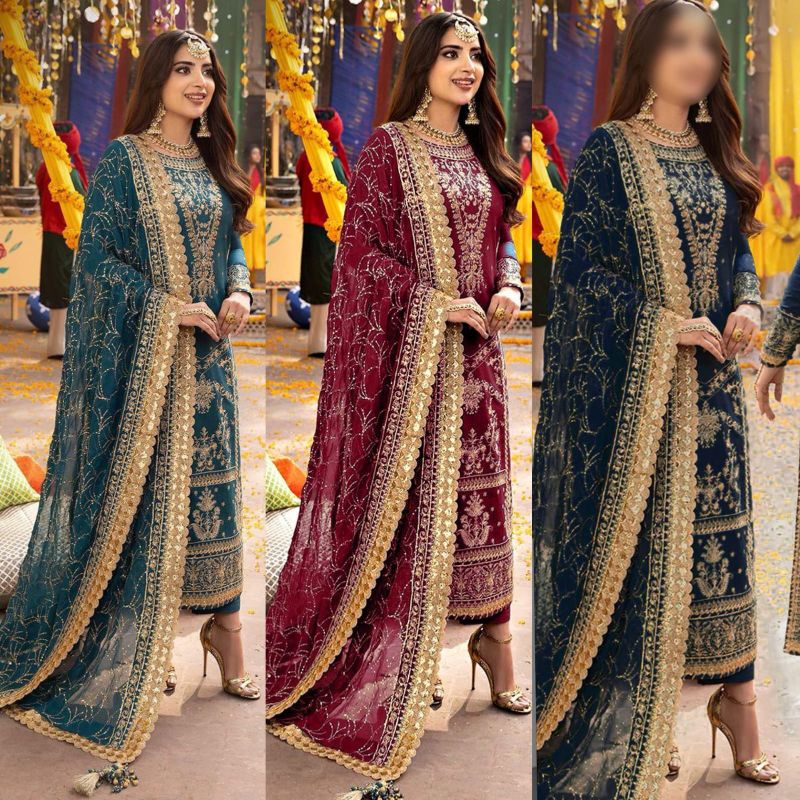 Chiffon Work Sequence Unstitched 3Pc Suit With Malai Trouser