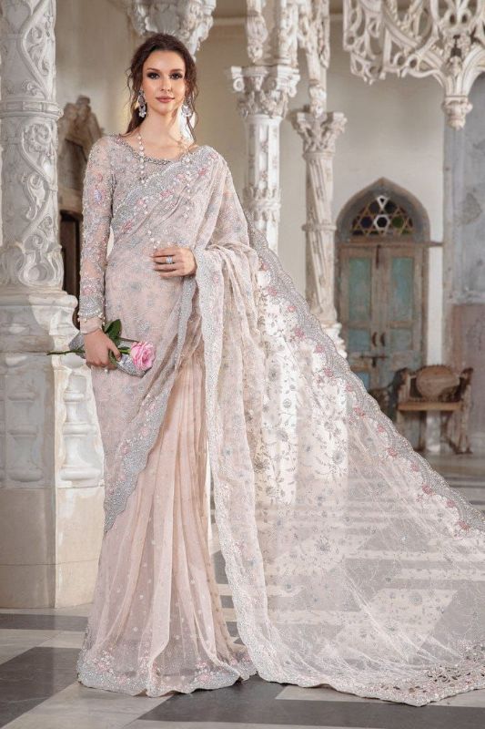 Net Saree Embroidered Hand Embellished Luxury Unstitched 3Pc®✓