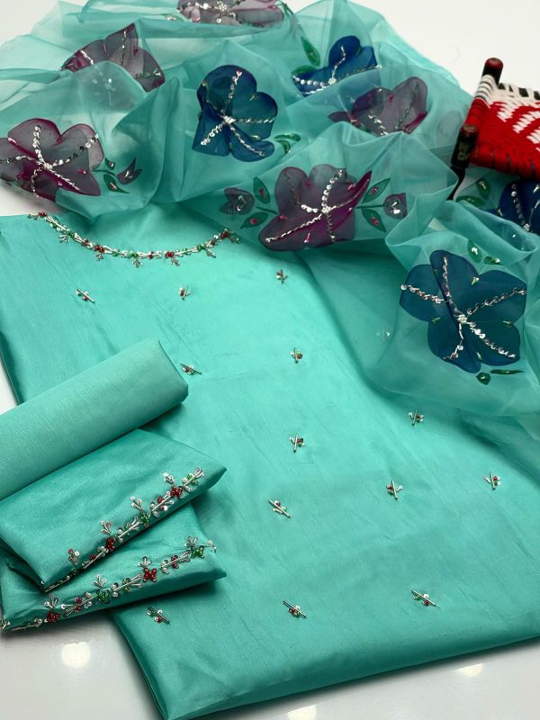Indian Organza Fabric HandWork Brush Painted & Zarri Work Dupatta (13 Bunches Dupatta)🅰️