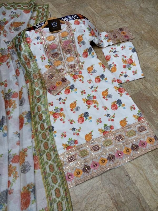 💫 Sequence Patched Embroidered Neck, Sleeves, and Daman  
🎨 Printed Trouser and Dupatta – 3PCs Set