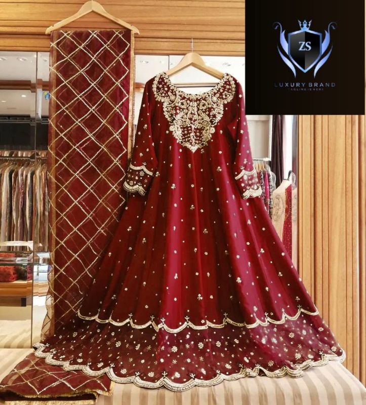 Heavy Neck,Border Embroidery With Handwork Long Maxi With Full Emb Dupatta 3Piece