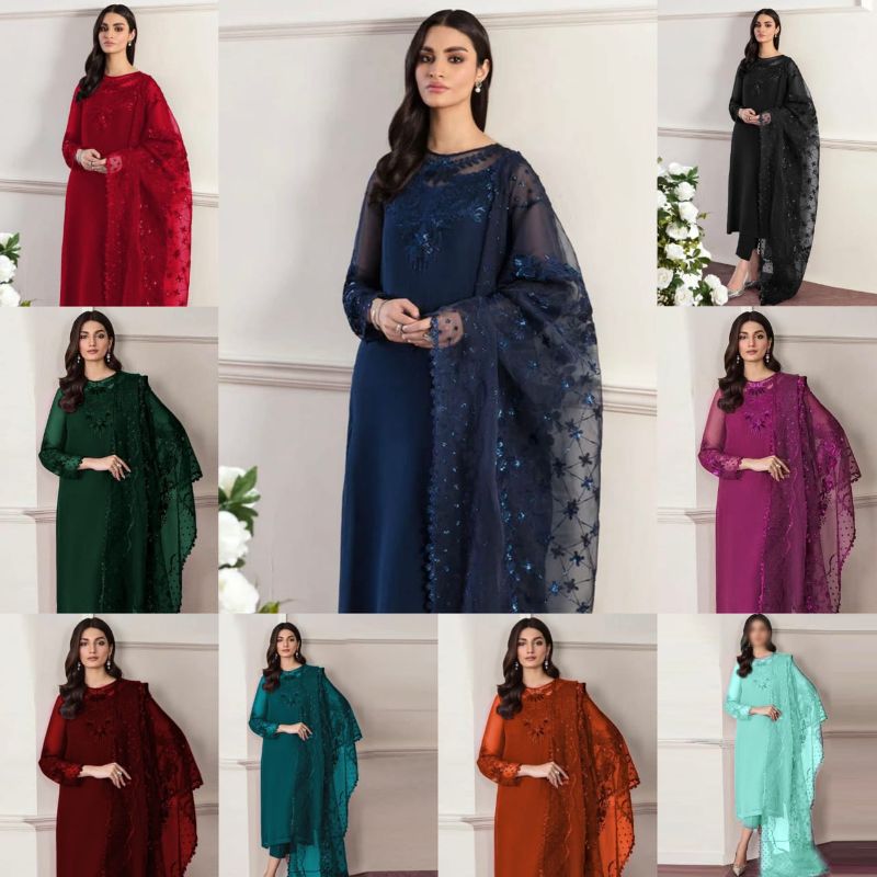 Chiffon Embroidered Sequence Unstitched 3Pc✓😊