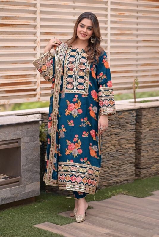 💫 Sequence Patched Embroidered Neck, Sleeves, and Daman  
🎨 Printed Trouser and Dupatta – 3PCs Set