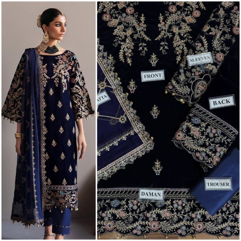 Velvet Embroiderd Hand Emblished Luxury Unstitched 3Pc✓