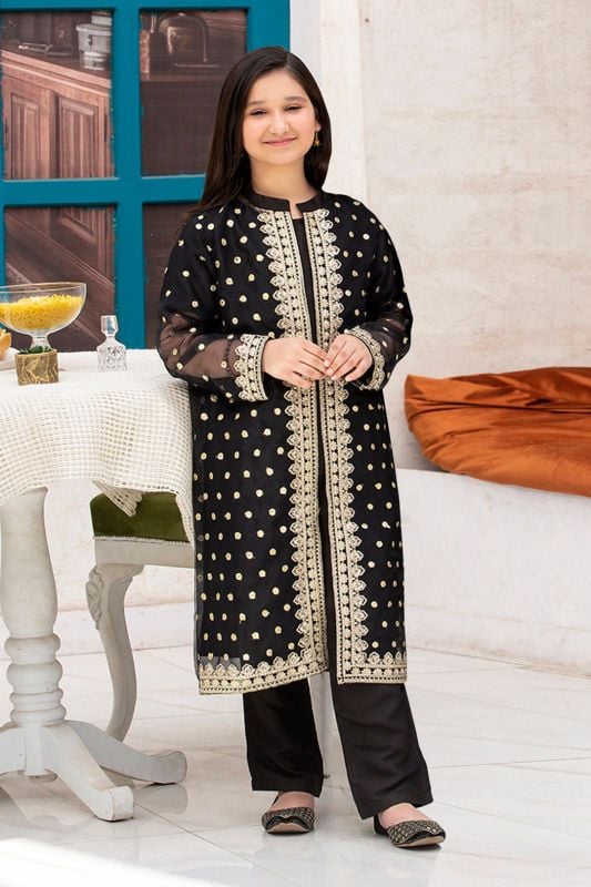Front Sleeves, Allover Embroidery Gown With Inner Trouser Kids 3Pcs