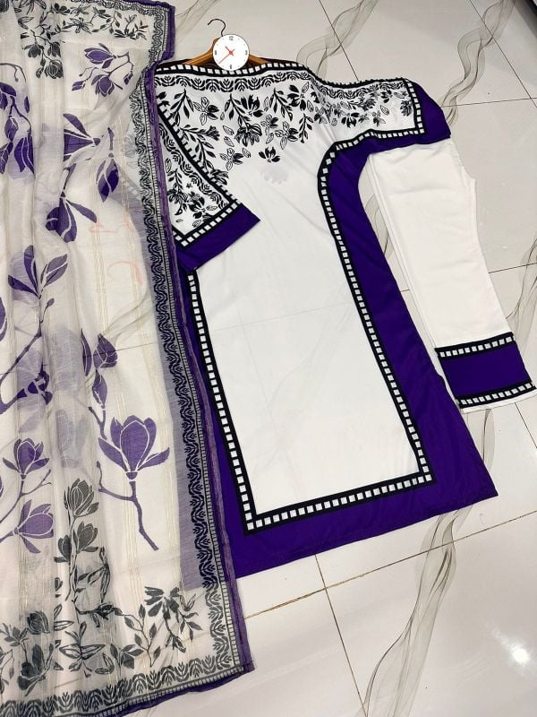Front & Back Long Baggy Digital Printed Shirt With Printed Trouser Dupatta 3Piece