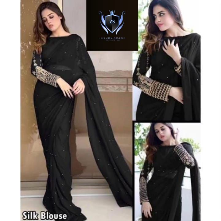 💜 Saree Collection 💜
✨ Silk Sleeves Sequence Embroidery Blouse
✔️ With Pettycoat & Pearls Attached Saree