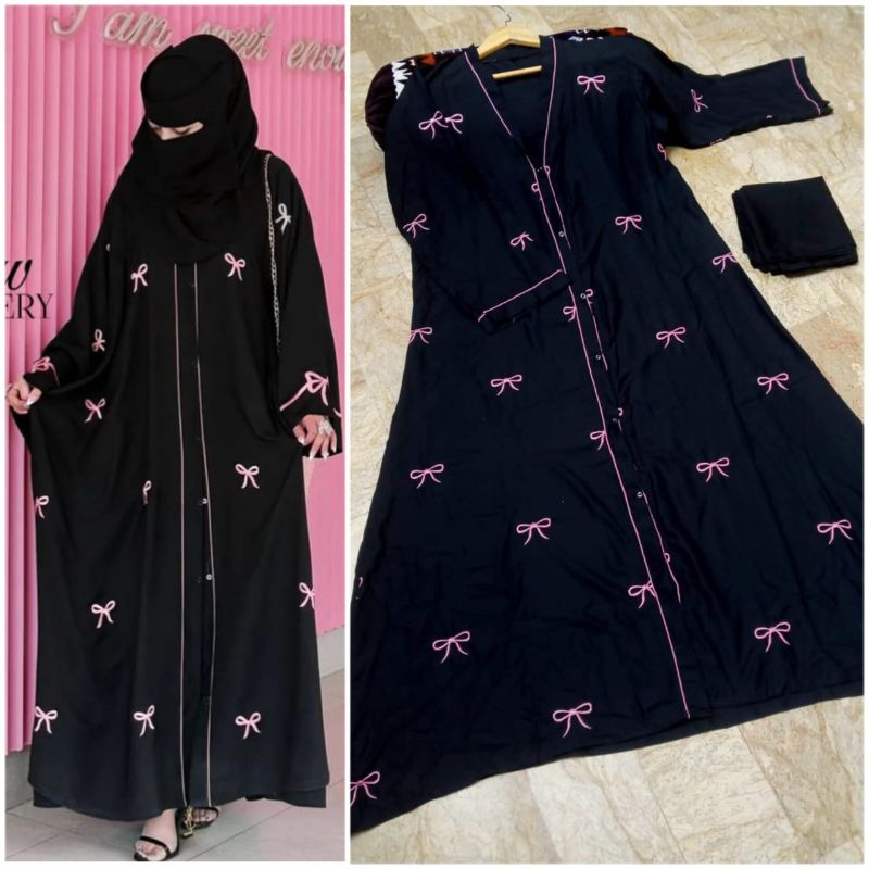 ✨ Trending Bow Abaya with Stoller ✨
🎀 Bow Front Embroidered with Piping Work & Tich Buttons  
👗 Front Open Style – Elegant & Graceful